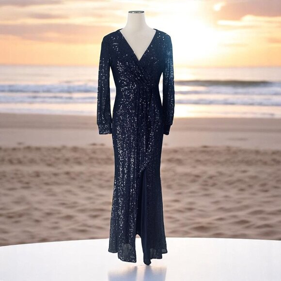 Navy Sequin Wrap Gown Long Sleeve XL V Neck Formal Evening Dress Slit Maxi Glam - Picture 1 of 16